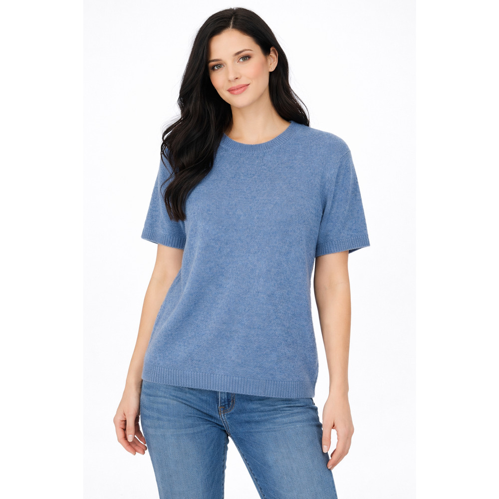 Harper Lane Cashmere Carter Crewneck Short Sleeve Sweater Womens Medium Blue NWT